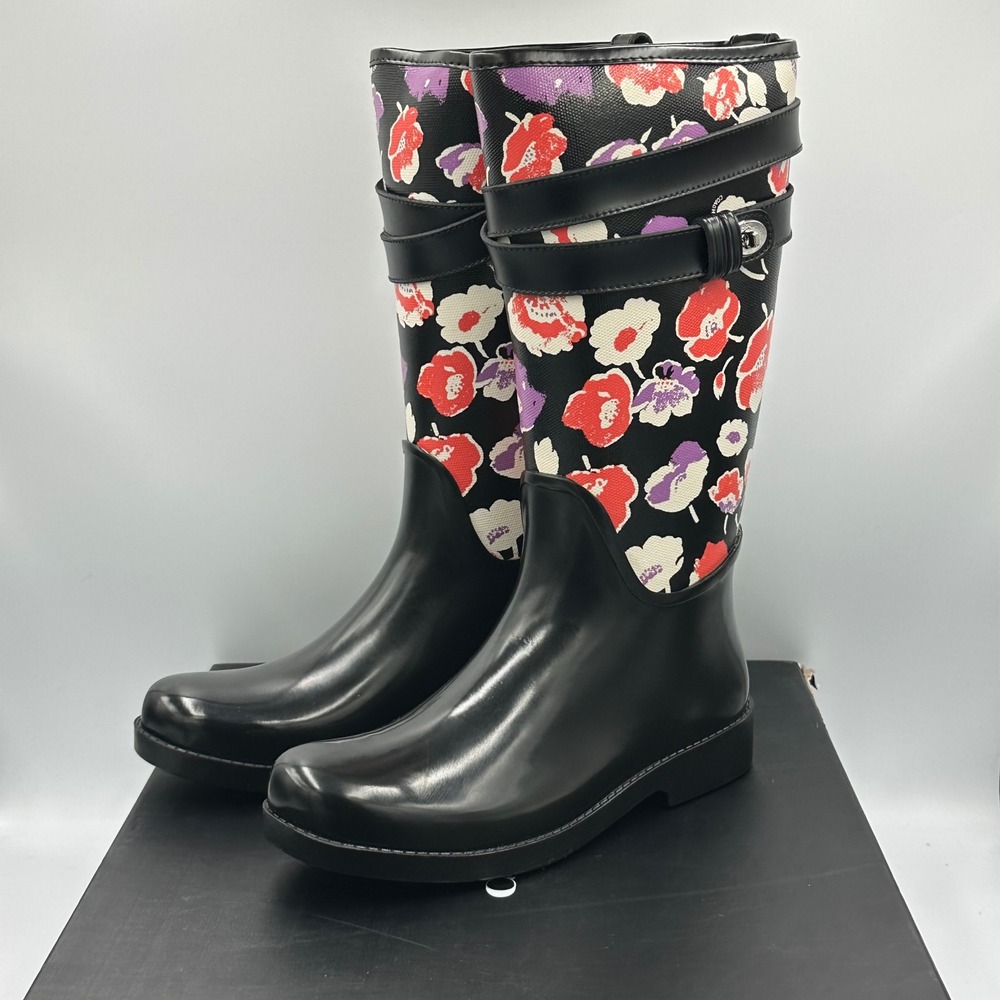 Coach Trisha II Print Rain Boots Black Floral Buckle Accent Size 7B - Picture 3 of 15